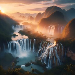 Beautiful waterfall in sof sunlight,