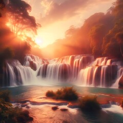 Beautiful waterfall in sof sunlight,