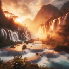 Beautiful waterfall in sof sunlight,