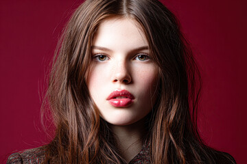 Fototapeta premium Close-up portrait of a young woman with long brown hair, natural makeup, and glossy lips against a deep red background.