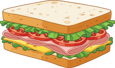 Delicious cartoon sandwich with ham, cheese, lettuce, tomato and bread, vector illustration, healthy lunch food, tasty snack drawing