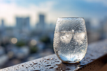 Refreshing glass of sparkling water with ice on rainy balcony