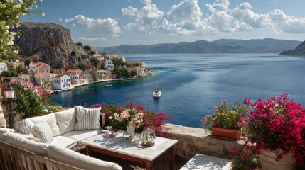 Scenic view of coastal village, blue sea, mountains, fluffy clouds, and terrace flowers