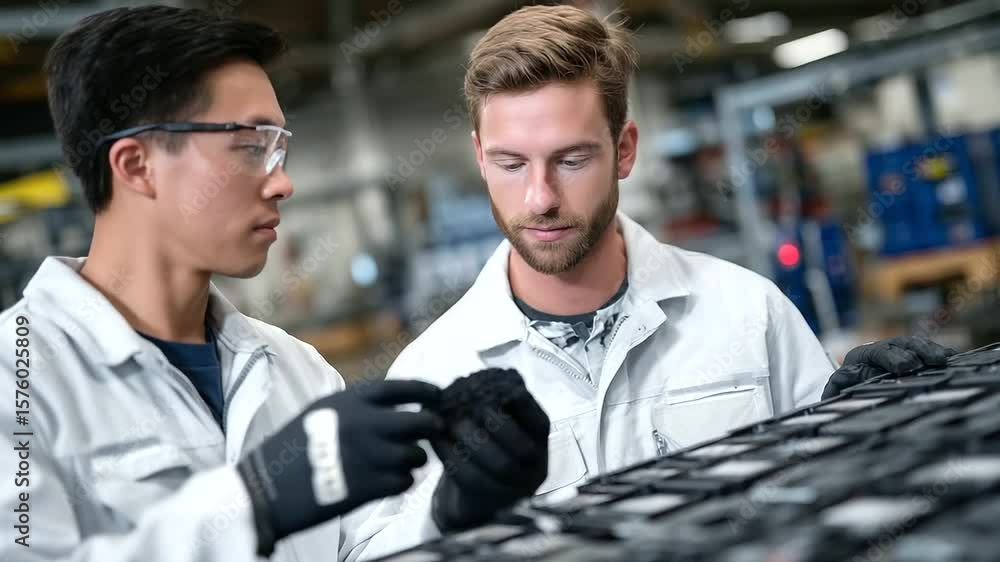 Poster inside a wearable tech factory, engineers test smartwatches under various humidity and temperature c