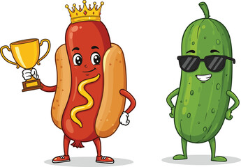 Funny cartoon hot dog character with crown and trophy, standing next to cool cucumber with sunglasses, food mascot vector illustration