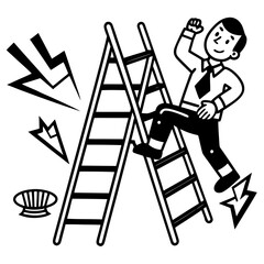 Ladder Fall Injury Animation – Black and White 2D Outline Cartoon Safety Graphic

