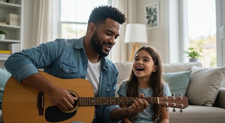 A loving father and daughter sing and play guitar in their living room