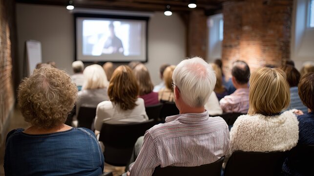Audience engaged in a presentation in a cozy brick-walled venue