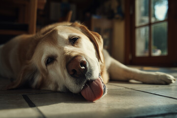Labrador retriever resting on tile floor with tongue out on hot day
