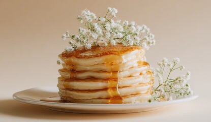Stack of pancakes with syrup and white flowers on a plate, simple background