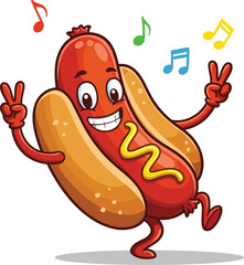 Happy cartoon hot dog dancing with mustard, musical notes, peace signs, fast food fun character, vector art for kids