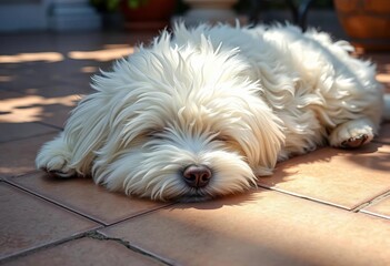 Fluffy white dog naps peacefully on cool patio tiles, sun dappled fur,   white animal,  animal