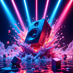 Futuristic 3D speaker bursting from neon liquid splash with glowing cubes and droplets. High-energy, colorful digital art perfect for music, party, or tech-inspired themes.
