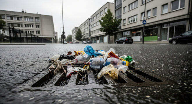 Street sewer clogged with garbage during rain, solid urban background, concept of urban waste management and pollution prevention, street flooding
