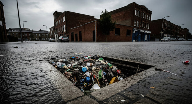 Street sewer clogged with garbage during rain, solid urban background, concept of urban waste management and pollution prevention, street flooding