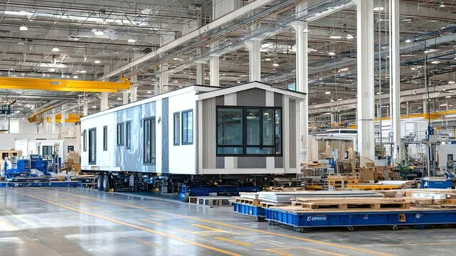 A prefabrication facility where modular housing components are assembled on rotating workstations