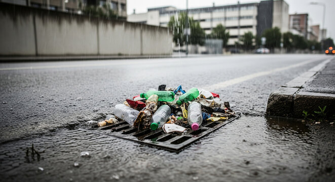 Street sewer clogged with garbage during rain, solid urban background, concept of urban waste management and pollution prevention, street flooding