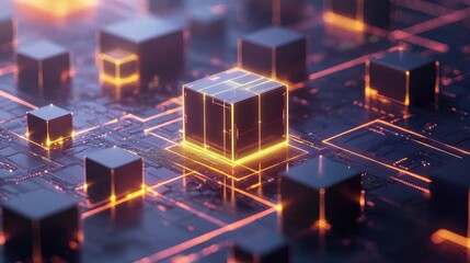 Abstract illustration of glowing cubes on a circuit board.
