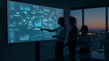 Business people analyze data visualization on large screen at sunset. - Powered by Adobe