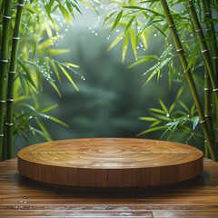 Round woodenfloor  for product display with and background have bamboo leaves after raining 