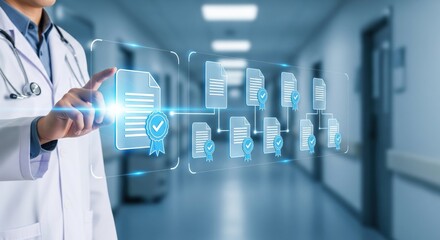 Digital Healthcare: A healthcare professional interacts with a network of digital documents, symbolizing the efficient management of medical records in the digital age.