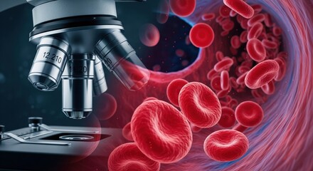 Microscopic Wonders: A striking composition featuring a powerful microscope observing flowing blood cells within a vein, the image celebrates scientific advancements. 