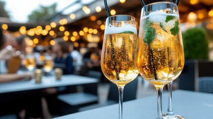 Elegant Champagne Toast with Two Flutes Against a Soft Romantic Backdrop