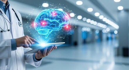 Brain Diagnosis Doctor: A focused doctor utilizes a tablet to examine a holographic projection of a brain, highlighting advanced diagnostics and medical innovation.