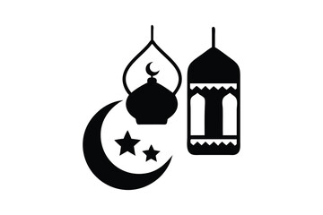 Elegant Ramadan crescent moon, stars, and ornate lantern icons; minimalist black and white design.