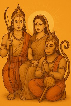 Original Spiritual Illustration of Ram Ji, Sita Mata, and Hanuman Ji &ndash; Divine Trio in Vibrant Commercial Artwork