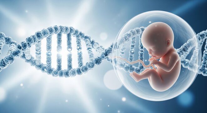 Life's Blueprint: A poignant portrayal of life's genesis, showcasing a tender fetus nestled within a transparent sphere, with the majestic double helix DNA spiraling alongside.