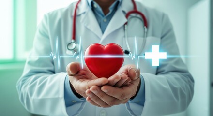 Caring Hands: A medical professional cradles a vibrant heart, symbolizing healthcare, and compassion. The image is underscored by a medical theme with an ECG graph and a symbol of health.