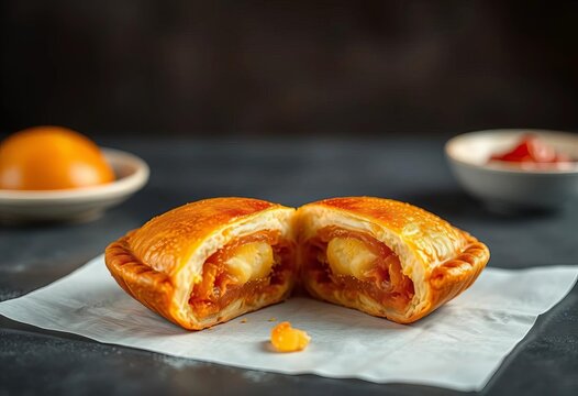 Golden-brown, crispy hotteok cut in half, revealing sweet filling,   texture,   culinary