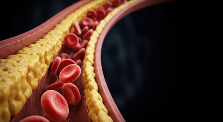 Artery with Cholesterol: A detailed, realistic depiction showcasing an artery affected by cholesterol buildup, illustrating the potential impacts on the cardiovascular system. 