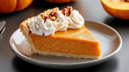 Delicious Slice of Pumpkin Pie on White Plate Surrounded by Spices