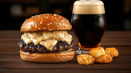 Delicious Hamburger with Golden Fries and Cold Beer on Rustic Table