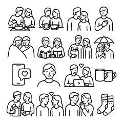 Everyday love line art icons. cooking together, shared breakfast, forehead kiss, hand on heart, blanket cuddle, side-by-side books, holding groceries, shared umbrella, text