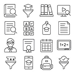 Search in Education line art icons. book magnifier, course finder, subject filter, library icon, lecture video search, notes lookup, test bank icon, study tag, syllabus icon,