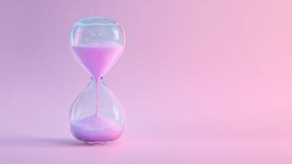Close-up of hourglass sandglass, isolated on pink background