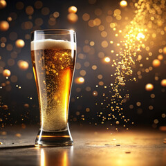 Beer glass with rising golden bubbles and motion blur effect, dynamic beverage magic, dynamic drink presentation perfect for eye-catching ad campaigns