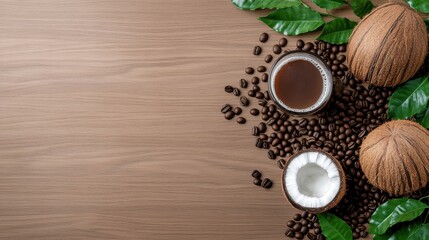 A Rustic Wooden Table Adorned with Rich Coffee Beans and Fresh Coconut