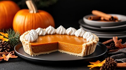 Delicious Pumpkin Pie with a Slice Removed Showcasing Autumn Comfort Food
