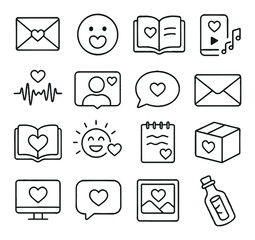 Heartfelt communication line art icons. love letter, emoji heart, open diary, shared playlist, voice message, video call, text bubble with heart, mail envelope, shared book,