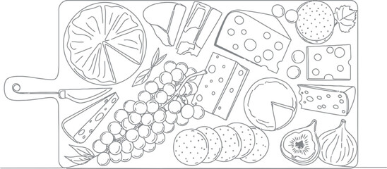 Gourmet Cheese Board Line Art Illustration with Fruits and Crackers