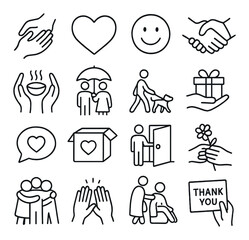 Acts of Kindness line art icons. helping hands, open heart, smile face, handshake, shared meal, holding umbrella, walking dog, giving gift, kind words bubble, care package, holding
