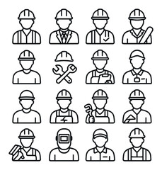 Worker & Crew line art icons. construction worker, project manager, safety inspector, site engineer, crew icon, hard hat with tools, clipboard worker, supervisor badge, laborer