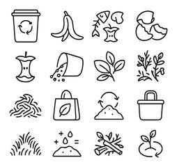 Organic recycling line art icons. compost bin, banana peel, food scraps, eggshells, apple core, coffee grounds, leaf pile, garden waste, shredded veggies, biodegradable bag,