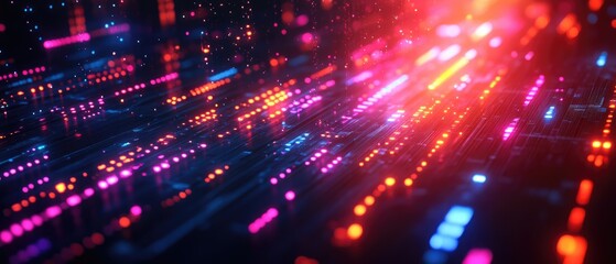 Abstract digital circuit board with vibrant glowing lights.