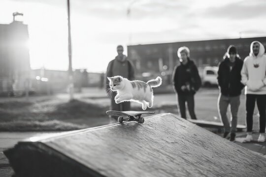 A cat riding a skateboard down a ramp