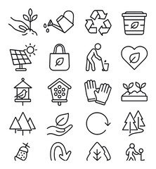 Giving to Nature line art icons. planting tree, watering can, recycling icon, compost bin, solar panel, reusable bag, cleanup crew, eco heart, bird feeder, bee house, garden gloves